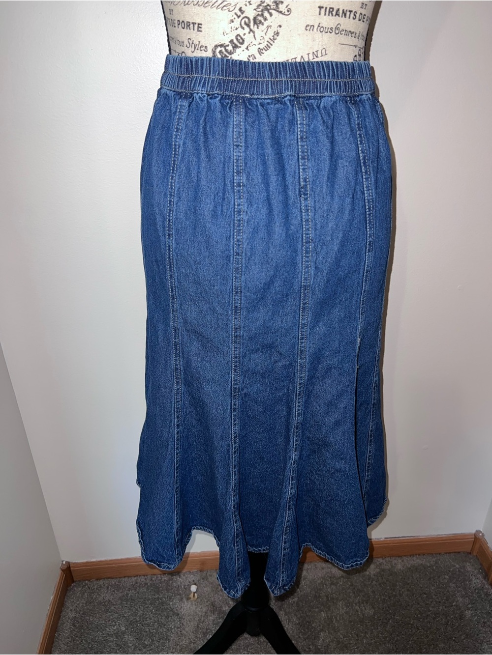 Studio West Denim Paneled Midi Skirt Medium Comfort Stretch Casual Boho - Picture 3 of 6